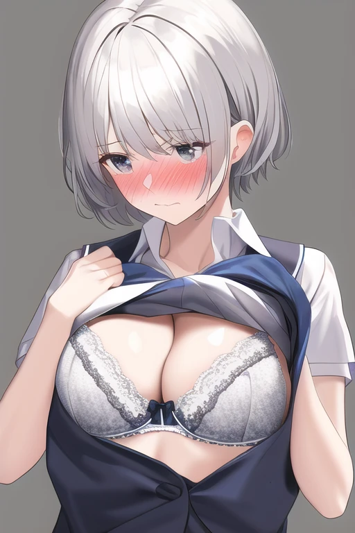 [NovelAI] Self-massage of breasts Very short hair Bra School uniform Embarrassed [Illustration]